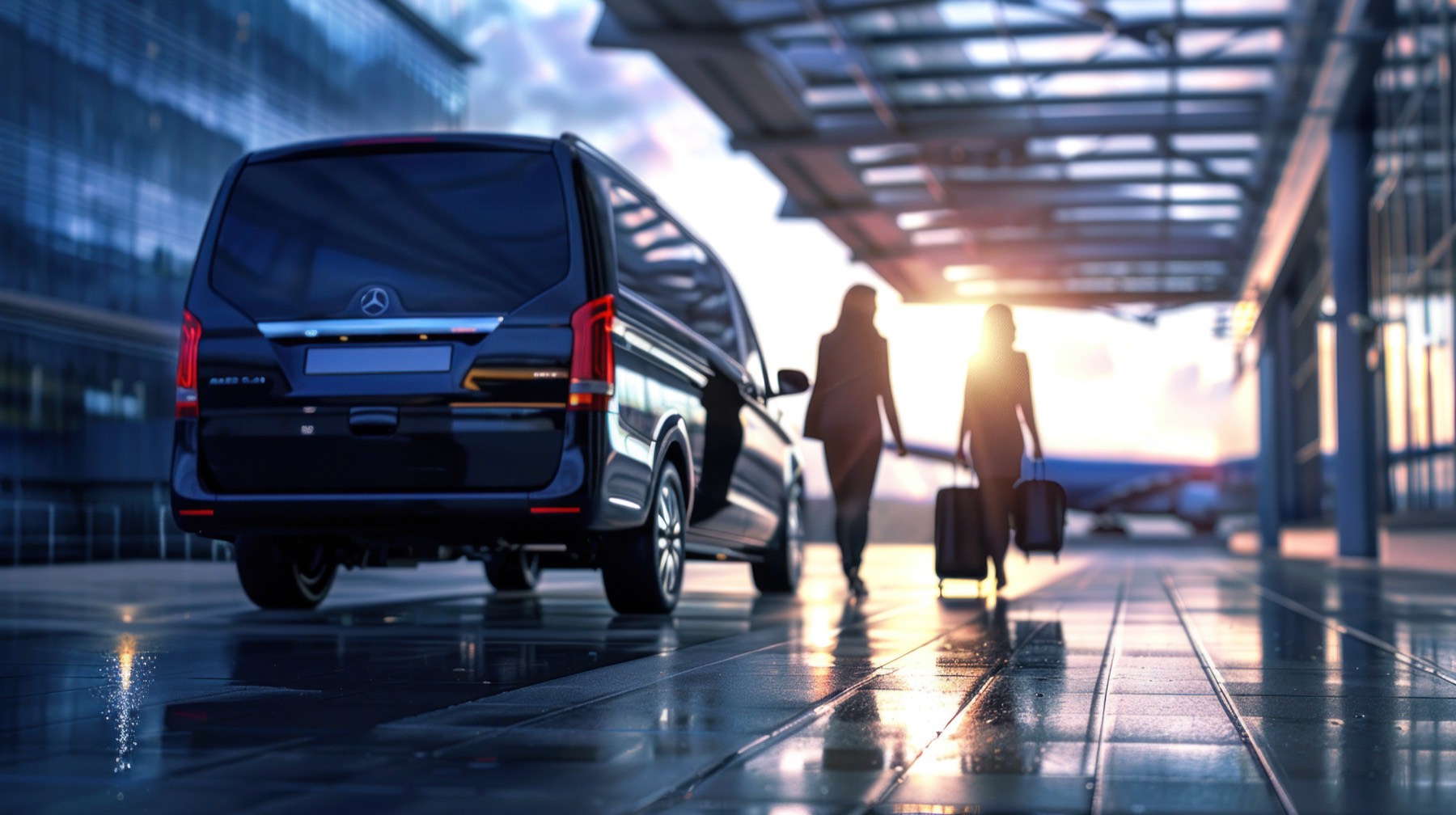 Airport transfer van at sunset
